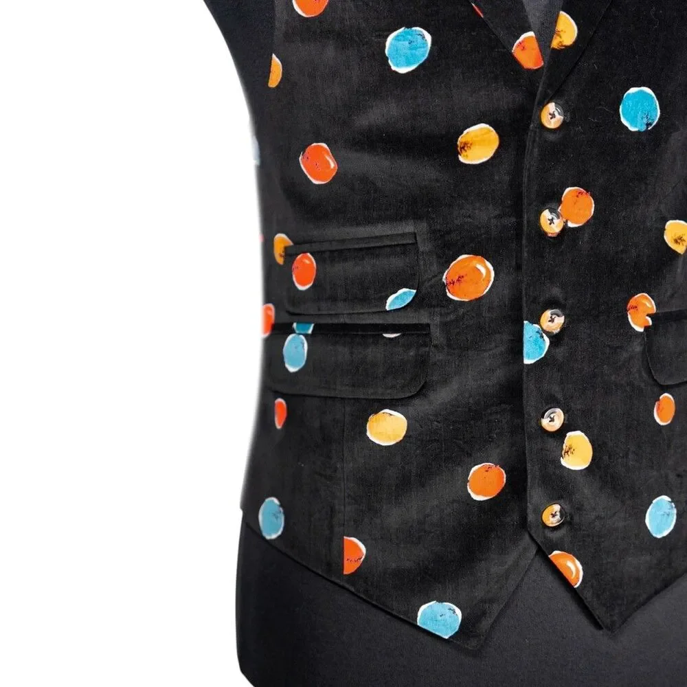 Mens Velvet Vest 42R Black Orange Blue Polka Dot Waistcoat Formal Wedding Party